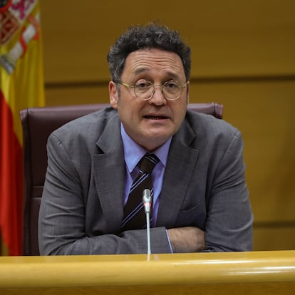 MADRID, 18/02/2025.- El fiscal general del Estado, ?lvaro Garca Ortiz, comparece ante el Senado para presentar la memoria de la Fiscala del a?o 2023 este martes, en Madrid. EFE/ Kiko Huesca
