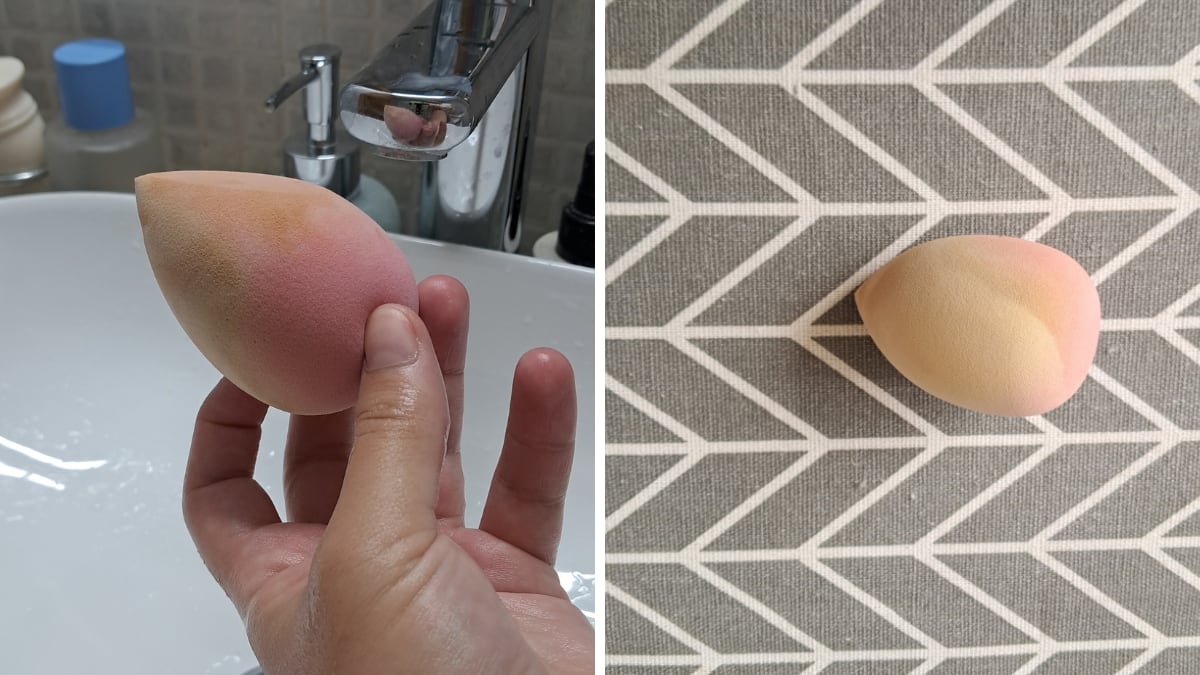 Esponja de maquillaje durante el lavado y secado.