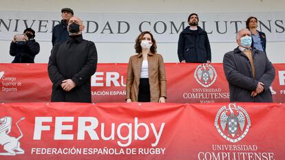 Isabel Díaz Ayuso, durante el España-Rumanía de rugby celebrado el domingo 27 de febrero de 2022