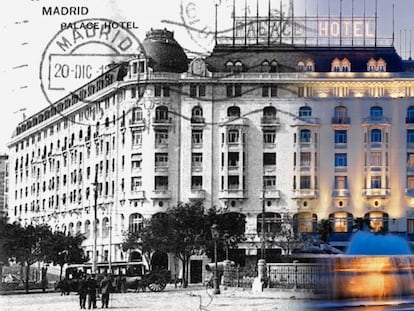 Postal con una composición de la fachada del hotel Palace: cuando se inauguró en 1912, y en una imagen reciente.