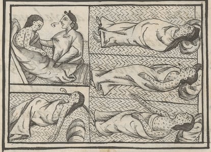 Healer treats people suffering from smallpox in 1520, from Book 12 of the Florentine Codex.