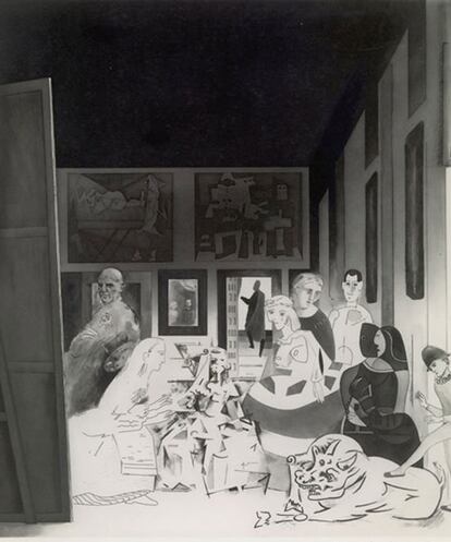 Sesenta de los mejores artistas del mundo recrearon una obra inspirada en el universo de Pablo Picasso. Hamilton se decantó por 'Las meninas' que el malagueño dibujó a partir de Velázquez. Picasso lleva en su pecho una hoz y un martillo, simbolos del comunismo, en lugar del oscuro hábito de Caballero de Santiago del pintor sevillano.