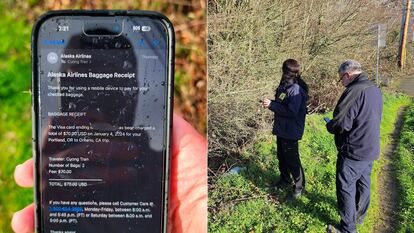Left, the iPhone that fell from an airplane; right, investigators search the area in which the iPhone was found.