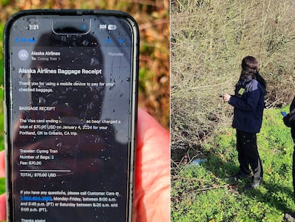 A la izquierda, el iPhone que cayó del avión; a la derecha, los investigadores buscan en el área donde se encontró el móvil.