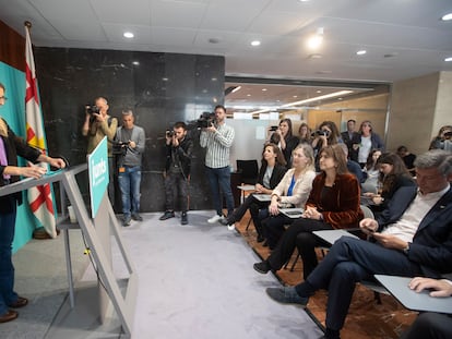 Elsa Artadi, este viernes, durante la lectura del comunicado sobre su renuncia a la política.