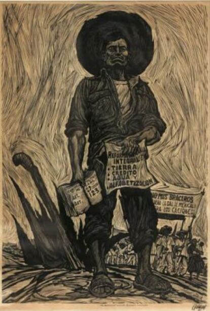 ‘Por una reforma agraria integral auténtica’ (1965), lineografía del pintor mexicano Adolfo Quinteros.