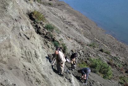 Un grupo de investigadores escala una de las colinas para buscar fósiles de dinosaurios, en una formación geológica del norte de Alaska conocida como Prince Creek.