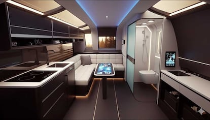 Posible interior de la caravana Van Life basada en Robovan de Tesla