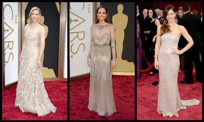 Transparencias y cristales para simular el efecto de una segunda piel cubierta de brillos. De izquierda a derecha, Cate Blanchett de Armani Priv&eacute;; Angelina Jolie de Elie Saab y Jessica Biel de Chanel alta costura. 