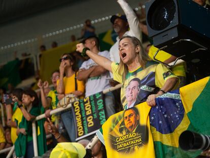 24 July 2022, Brazil, Rio de Janeiro: A supporter of Brazilian President Jair Bolsonaro cheers during Bolsonaro's re-election official campaign launch at Maracanazinho Stadium. Photo: Fernando Souza/
Fernando Souza/ DPA
24/07/2022 ONLY FOR USE IN SPAIN