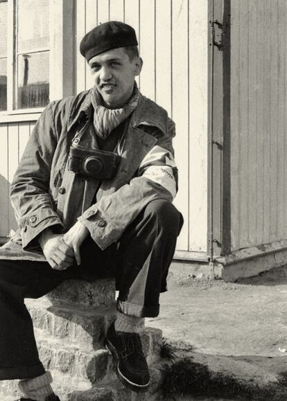 Francisco Boix, carrying a Leica camera and wearing an armband identifying him as a journalist, in the days following the liberation of the camp. He would die six years later, aged 30, having never fully recovered from his experiences.