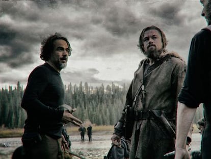 Alejandro González Iñárritu e Leonardo DiCaprio na filmagem de 'O Regresso' em Calgary.