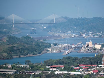 A cargo ship waits near the Centennial Bridge for transit through the Panama Canal locks, in Panama City, Wednesday, Jan. 17, 2024.