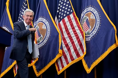 Jerome Powell, presidente de la Reserva Federal, tras la rueda de prensa de la anterior reunión de política monetaria, el 14 de diciembre de 2022.