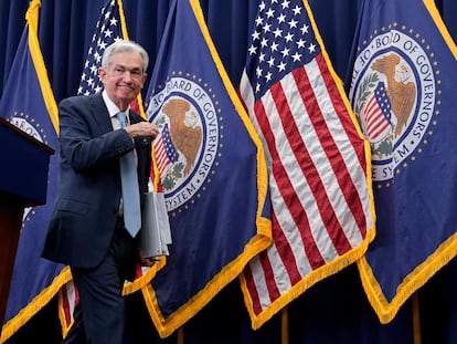 Jerome Powell, presidente de la Reserva Federal, tras la rueda de prensa de la anterior reunión de política monetaria, el 14 de diciembre de 2022.