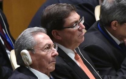 Cuban President Raúl Castro listens to President Obama's speech at the UN on Monday.