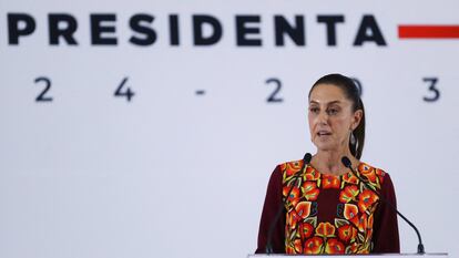 Claudia Sheinbaum habla durante el evento donde anunció a miembros de su gabinete, este 27 de junio en Ciudad de México.