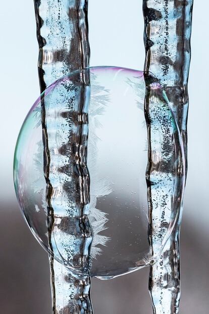 Vista de una gota de agua congelada a una temperatura que ronda los -5 grados centígrados, el 5 de febrero de 2019, en Villarlod, Suiza.