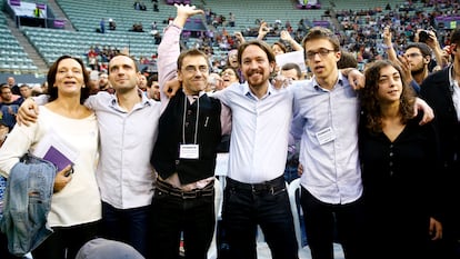 Primer Congreso de Podemos en Vistalegre, Madrid. De izquierda a derecha, Carolina Bescansa, Luis Alegre, Juan Carlos Monedero, Pablo Iglesias, Iñigo Errejon y Tania Sanchez