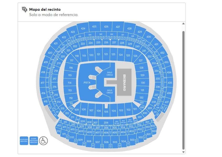 Mapa del recinto del concierto de Bad Bunny en Madrid distribuido por Ticketmaster.