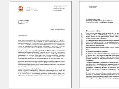 Izquierda, carta del Gobierno a Ferrovial sobre el traslado de su sede a Países Bajos. Derecha, la respuesta de Ferrovial.