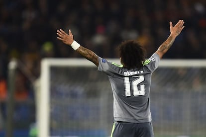 Marcelo, en el partido Roma-Madrid.