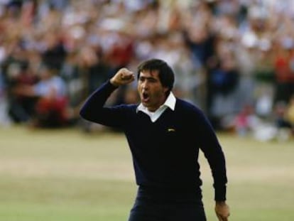 Seve celebra su victoria en el Open de 1984.