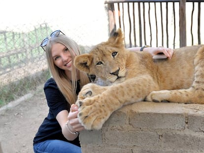 Una chica posa con un cachorro de le&oacute;n en Sud&aacute;frica.