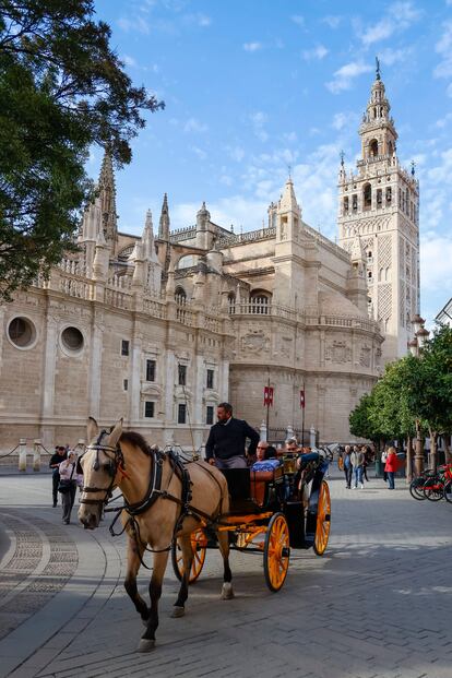 Un carruaje a su paso por la catedral de Sevilla.