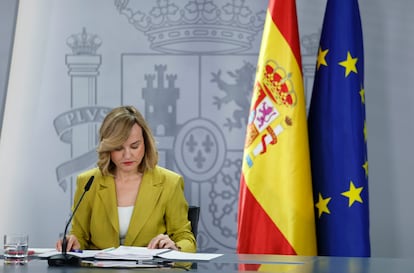 La ministra de Educación y portavoz del Gobierno, Pilar Alegría, en la rueda de prensa celebrada este martes tras el Consejo de Ministros.