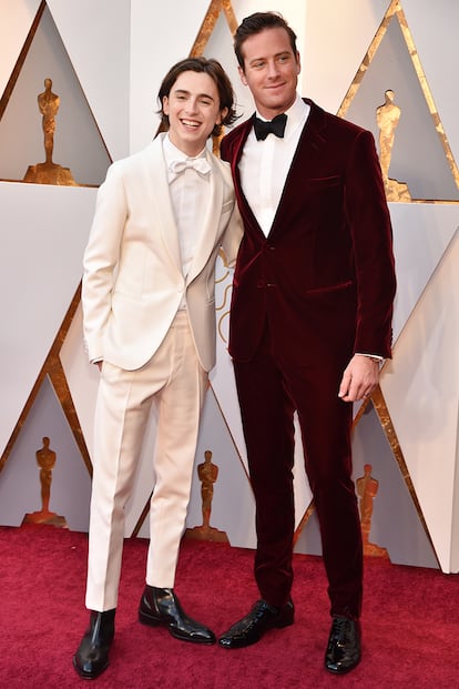 La pareja de la noche: Timothee Chalamet (nominado a Mejor actor) y Armie Hammer, de Call me by your name.