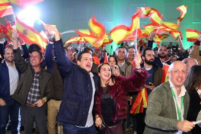 Celebrating the outcome of the election in Seville on Sunday.