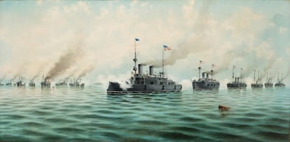 Batalla en la Bahía de Manila, 1 de mayo de 1898, cuadro de Ildefonso Sanz Doménech, expuesto actualmente en la National Portrait Gallery de Washington.