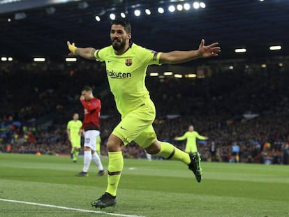 Suárez comemora único gol da partida em Manchester.