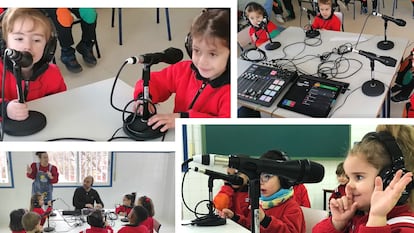 Alumnado de Educación Infantil grabando un podcast en Radio Cossío.