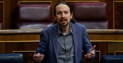 El vicepresidente segundo del Gobierno, Pablo Iglesias, interviene durante el pleno del Congreso que debate este miércoles la quinta prórroga del estado de alarma.