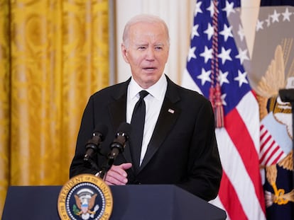 U.S. President Joe Biden speaks during a reception at the White House ahead of the 46th Kennedy Center Honors gala, in Washington, U.S. December 3, 2023.