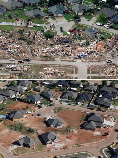 En estas fotos aéreas se puede ver los daños en uno de los barrios de Moore el 21 de mayo de 2013. En la imagen de abajo, el mismo lugar el 15 de mayo de 2014.