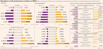 Comparativa de despidos e indemnizaciones en 2023 por edad, antigüedad y tipo. Las mayores indemnizaciones corresponden a personas con más de dos años de antigüedad, donde los hombres superan los 19.000 euros de media. También se muestran diferencias por género y resolución (sentencia, conciliación o tipo de despido).