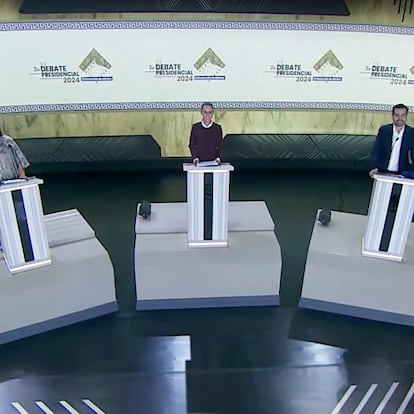 Xóchitl Gálvez, Claudia Sheinbaum y Jorge Álvarez Máynez, durante el segundo debate presidencial.