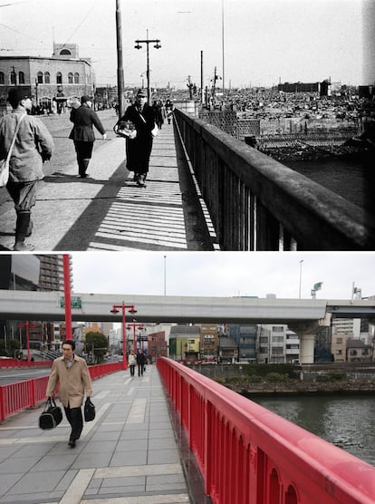 En ambas imágenes, transeúntes caminan por el puente Azuma, en Tokio. Hay 70 años de diferencia entre ambos retratos. En la fotografía superior, tomada el 19 de marzo de 1945, se aprecian las consecuencias del bombardeo del 10 de marzo. La fotografía inferior fue tomada el pasado 7 de marzo.