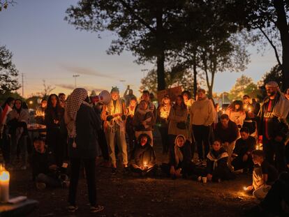 A vigil to commemorate one year of war in Gaza takes place at Ford Woods Park in Dearborn, Michigan on October 7.