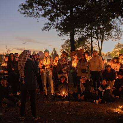 A vigil to commemorate one year of war in Gaza takes place at Ford Woods Park in Dearborn, Michigan on October 7.