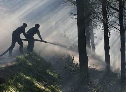 Dos bomberos tratan de controlar un fuego que arrasó 50 hectáreas de monte en Deba (Guipúzcoa), en octubre de 2005.