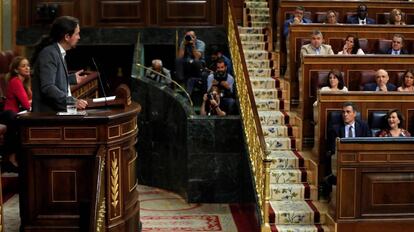 El líder de Unidas Podemos, Pablo Iglesias, durante su turno de réplica, este miércoles en el Congreso. 