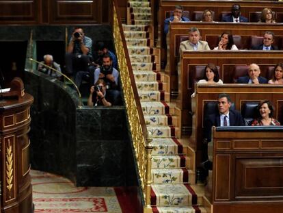 El líder de Unidas Podemos, Pablo Iglesias, durante su turno de réplica, este miércoles en el Congreso.