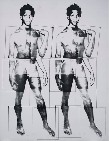 Retrato de Jean-Michel Basquiat como el David de Miguel Ángel, hecho por Warhol en 1984. Pintura de polímero sintético y tinta de serigrafía sobre lienzo.

