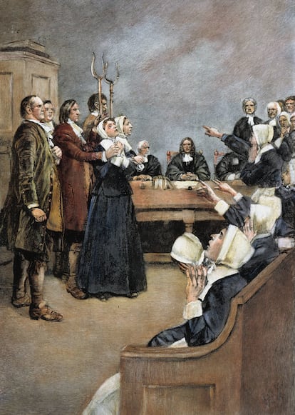 Illustration of the 1692 trial of two Salem witches. The Granger Collection.