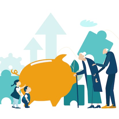 Old people, pensioners, grandparents and grandchildren next to the piggy bank. Saving and money concept.