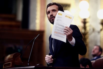 El líder del PP, Pablo Casado, durante una intervención en el Congreso.